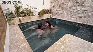 Two Hot Colombian Lesbians Finger Wet Pussies Masturbate Publicly In Pool Scared Of Getting Caught