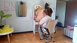 nudist barbershop lady surprises client naked apron cam