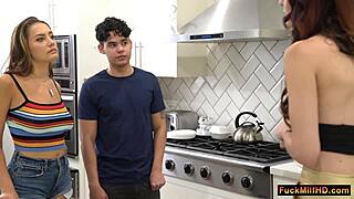 boyfriend sucks my tits in kitchen stepmom joins threesome fun