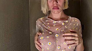 Beauty With Huge Tits Tests Wet Transparent Top In Shower