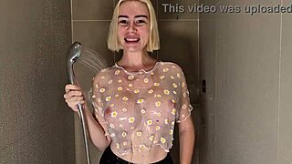 Beauty With Huge Tits Tests Wet Transparent Top In Shower