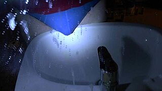 Blue underpants soaked peeing right over the sink edge.