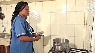 Neighbor ebony babe workout turns homemade casting fuck creampie in kitchen