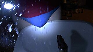 Blue underpants soaked peeing right over the sink edge.