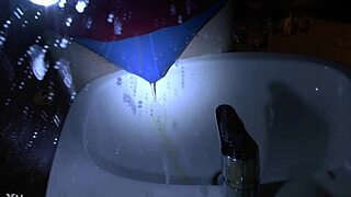 Blue underpants soaked peeing right over the sink edge.