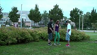 Hot teen Alexis Crystal sucks and fucks two guys in public street threesome outdoor orgy
