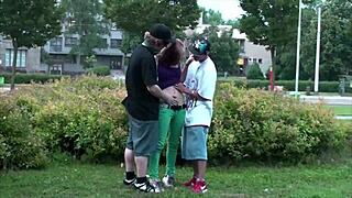 Hot teen Alexis Crystal sucks and fucks two guys in public street threesome outdoor orgy
