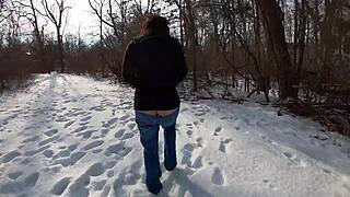 curvy milf's whaletail ass flashes in jeans outdoors
