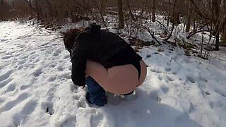 curvy milf's whaletail ass flashes in jeans outdoors