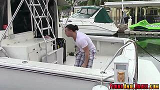 Sunbathing Kimber Woods bends for voyeur outdoor pool ass fuck