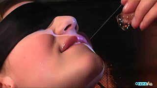 blonde small tits babe blindfolded in lingerie takes two guys cumshots