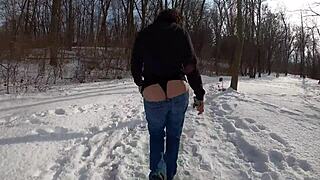 curvy milf's whaletail ass flashes in jeans outdoors