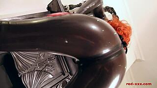 redhead lubes latex catsuit to finger juicy wet pussy hard