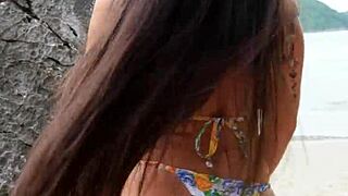 Hot Tanned Bikini Girl Dances and Flashes on Hidden Beach Spot