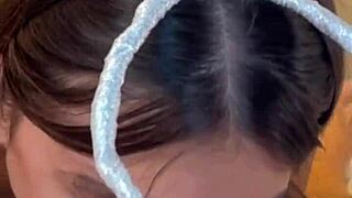 Skinny brunette ex with big ass small waist tall pretty gives sloppy deepthroat blowjob pov cumshot on homemade mobile