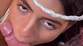 Skinny brunette ex with big ass small waist tall pretty gives sloppy deepthroat blowjob pov cumshot on homemade mobile