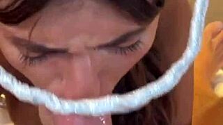 Skinny brunette ex with big ass small waist tall pretty gives sloppy deepthroat blowjob pov cumshot on homemade mobile