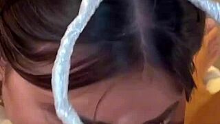Skinny brunette ex with big ass small waist tall pretty gives sloppy deepthroat blowjob pov cumshot on homemade mobile