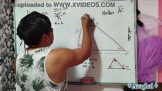 nerdy asian teacher shows student bedroom math with her brown eyes locked on him