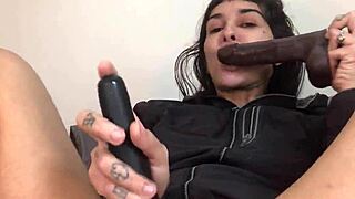 french emo goth cutie brunette huge dildo anal fucking first time masturbation squirting wet pussy tattoo private
