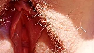 Mature Mom's Hairy Gaping Pussy Lips Spread Wide Close-Up View