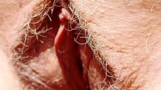 Mature Mom's Hairy Gaping Pussy Lips Spread Wide Close-Up View