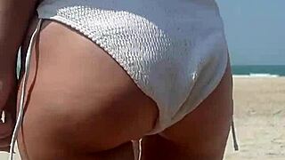 peeing in white bikini on public beach 😏 big ass fat girl outdoor