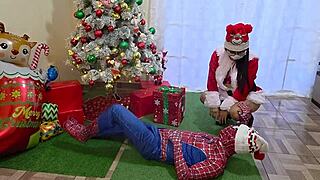 Spider-Man Fucks Squirting Stepsisters' Big Tits at Christmas