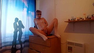 Blonde Milf in Lingerie Spreads Legs on Desk Fingering Wet Pussy Softly