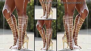 She struts in hot heels and sexy boots, legs spread wide for massive cumshots everywhere