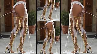 She struts in hot heels and sexy boots, legs spread wide for massive cumshots everywhere