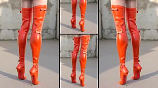 She struts in hot heels and sexy boots, legs spread wide for massive cumshots everywhere