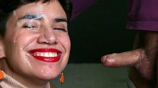 she jerks him off after work for massive facial cumshot explosion.