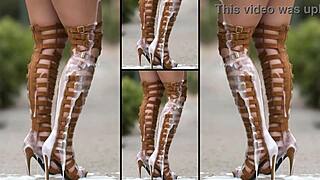She struts in hot heels and sexy boots, legs spread wide for massive cumshots everywhere