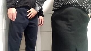 Gorgeous Milf Jerks Cock in Public Toilet Cumshot