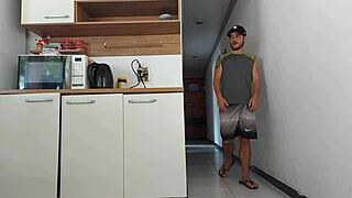 brazilian housewife risks kitchen sex with husbands friend while hes showering