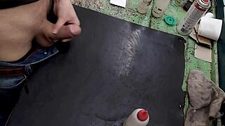 skinny small waist babe strokes monster cock on workbench at work solo