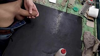 skinny small waist babe strokes monster cock on workbench at work solo