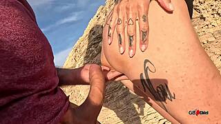 omg this slutty tattoo milf goddess needs your cum quick on the beach, outdoor public blowjob facial swallow