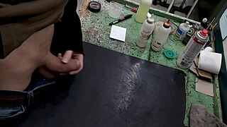 skinny small waist babe strokes monster cock on workbench at work solo
