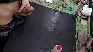 skinny small waist babe strokes monster cock on workbench at work solo