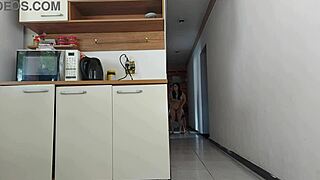 brazilian housewife risks kitchen sex with husbands friend while hes showering