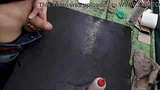 skinny small waist babe strokes monster cock on workbench at work solo