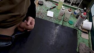 skinny small waist babe strokes monster cock on workbench at work solo