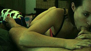 brunette girlfriend slurps longtime friend's huge throbbing monster cock intensely