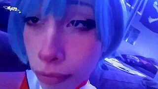 Rei Ayanami Cosplay Nerd Gives Interracial Blowjob Cum in Bodysuit Backstage