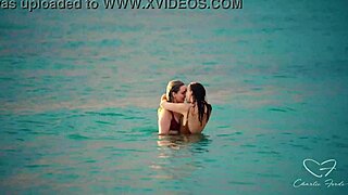 Charlie Forde and lesbians lick asses to mouth on wet beach paradise