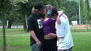 what happens when a cute teen blonde dives into extreme public threesome on the street?