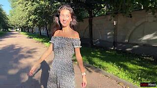 skinny teen lifts her skirt outdoors flashing her ass plug through fishnet pantyhose