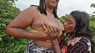 skinny carioca ninfeta's big tits and pussy exposed outdoors with couple no condom caught fucking